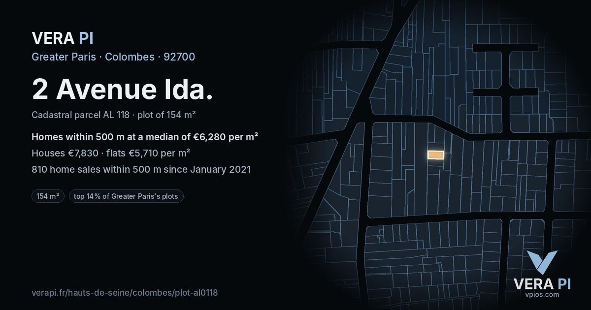 2 Avenue Ida, Colombes at night – the plot lit, the parcels around coloured by the prices near them
