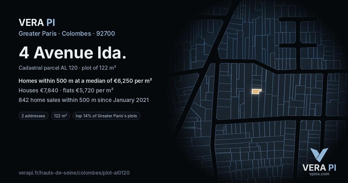 4 Avenue Ida, Colombes at night – the plot lit, the parcels around coloured by the prices near them