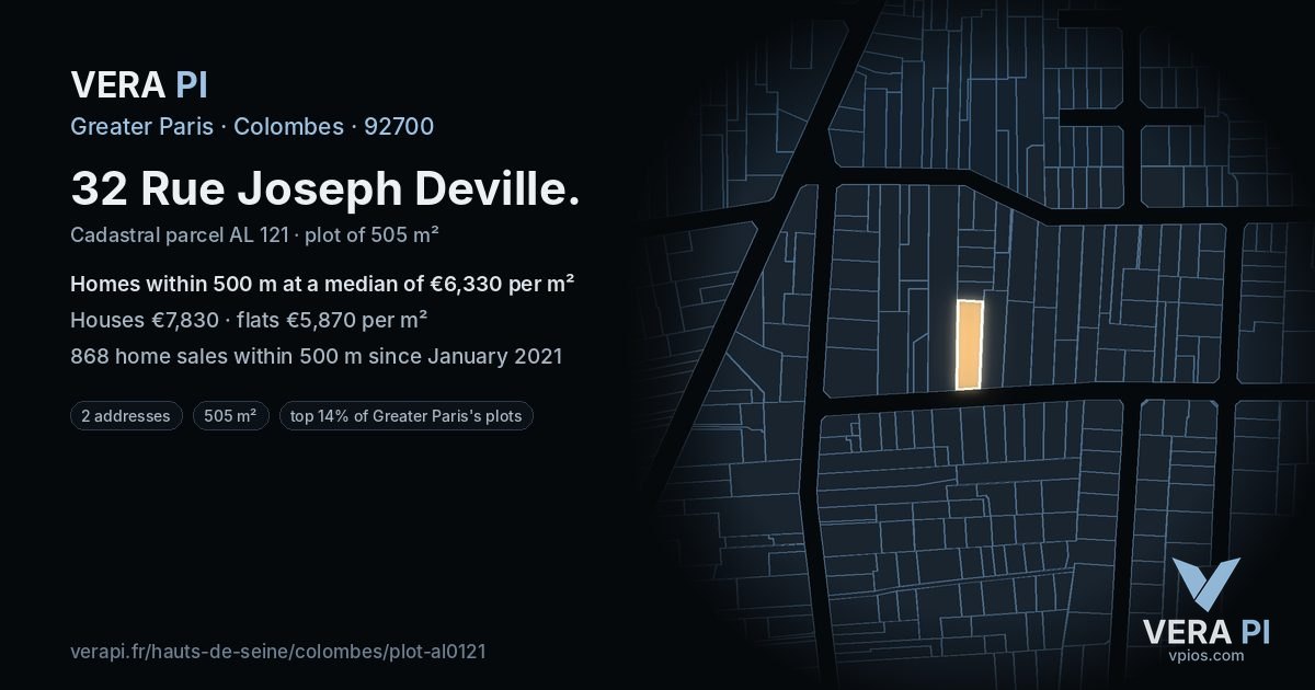 32 Rue Joseph Deville, Colombes at night – the plot lit, the parcels around coloured by the prices near them
