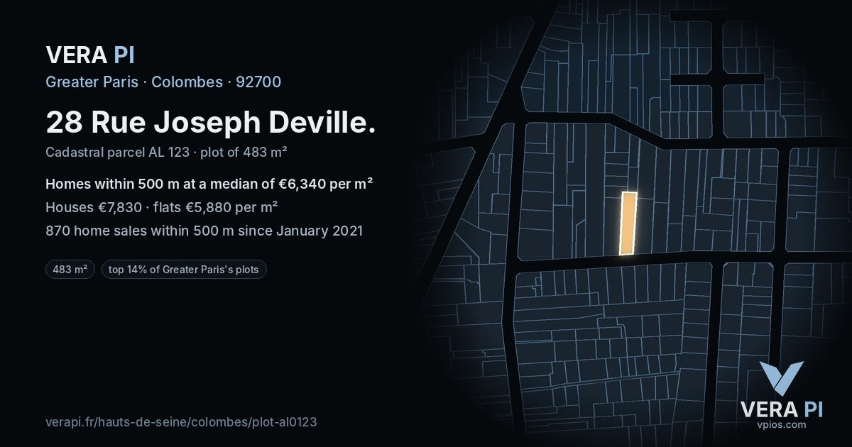 28 Rue Joseph Deville, Colombes at night – the plot lit, the parcels around coloured by the prices near them