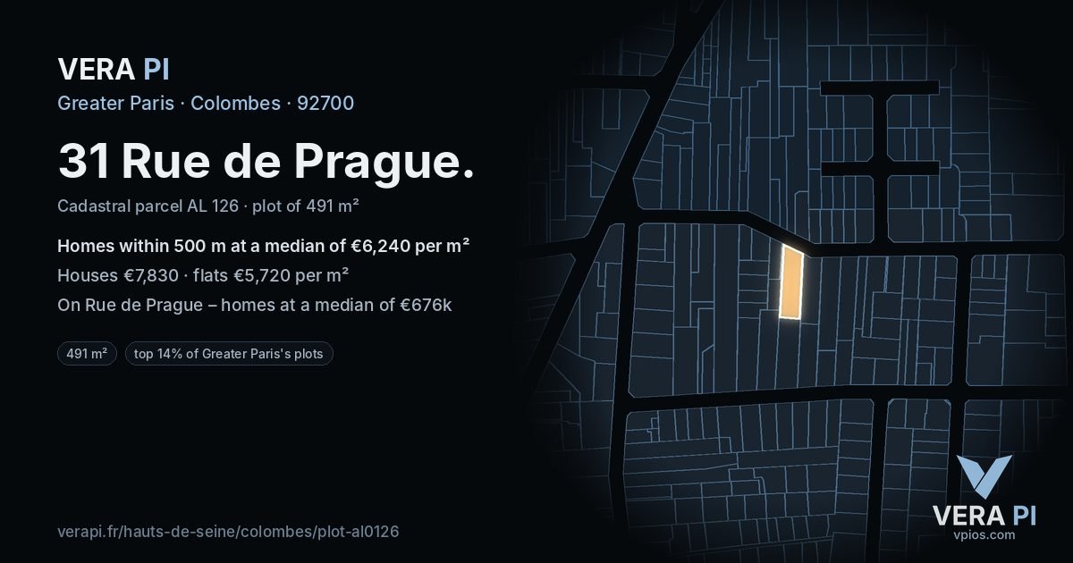 31 Rue de Prague, Colombes at night – the plot lit, the parcels around coloured by the prices near them