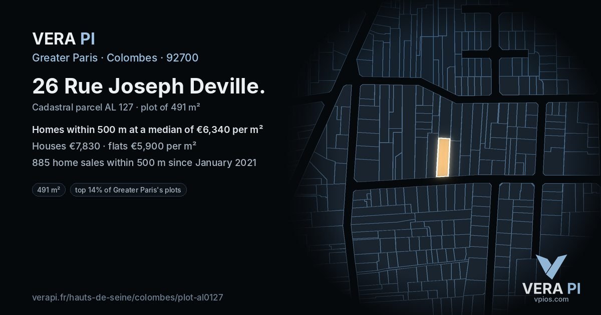 26 Rue Joseph Deville, Colombes at night – the plot lit, the parcels around coloured by the prices near them