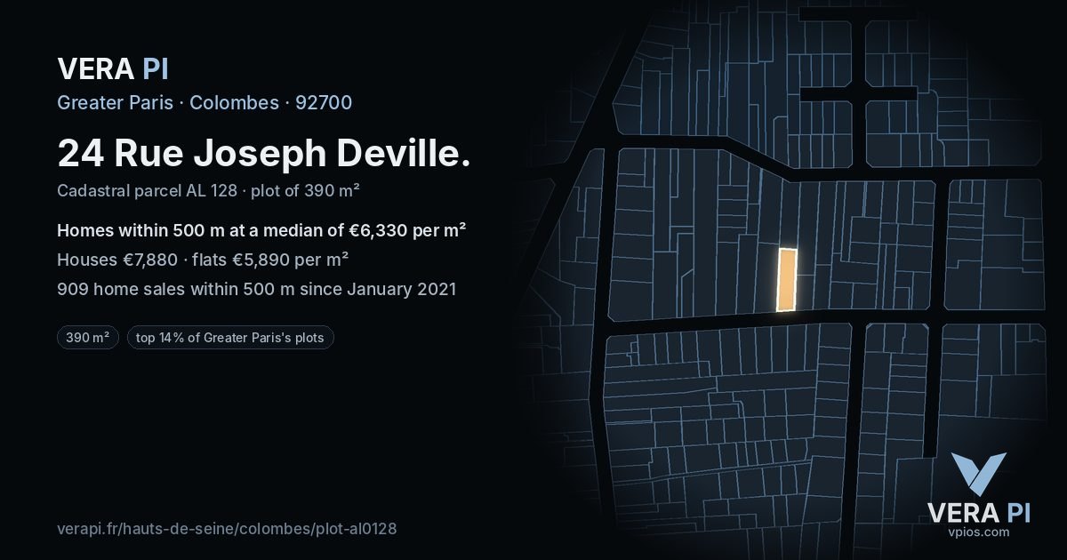 24 Rue Joseph Deville, Colombes at night – the plot lit, the parcels around coloured by the prices near them
