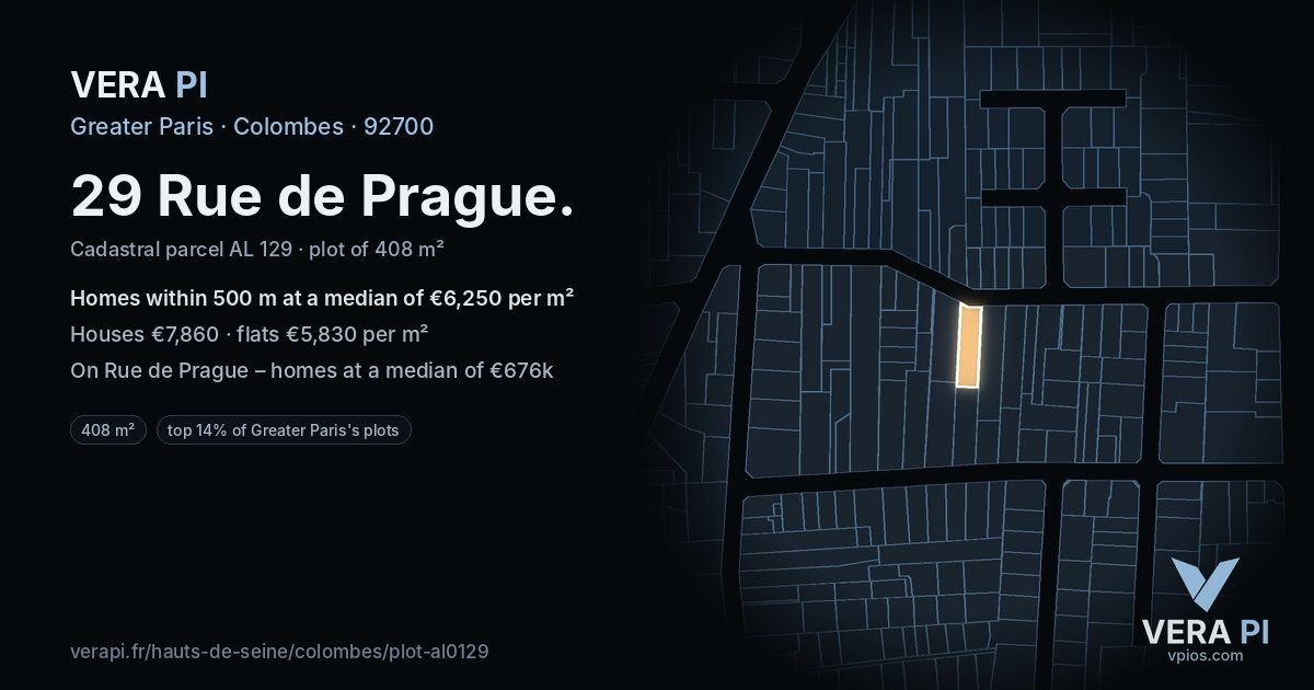 29 Rue de Prague, Colombes at night – the plot lit, the parcels around coloured by the prices near them