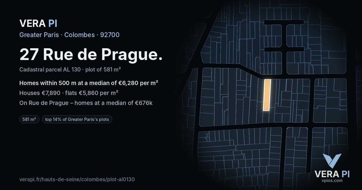 27 Rue de Prague, Colombes at night – the plot lit, the parcels around coloured by the prices near them
