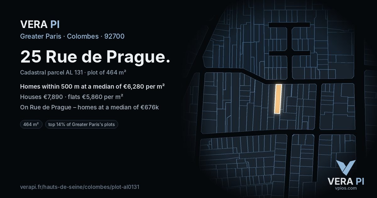25 Rue de Prague, Colombes at night – the plot lit, the parcels around coloured by the prices near them