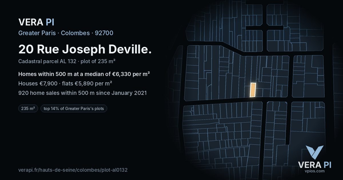20 Rue Joseph Deville, Colombes at night – the plot lit, the parcels around coloured by the prices near them
