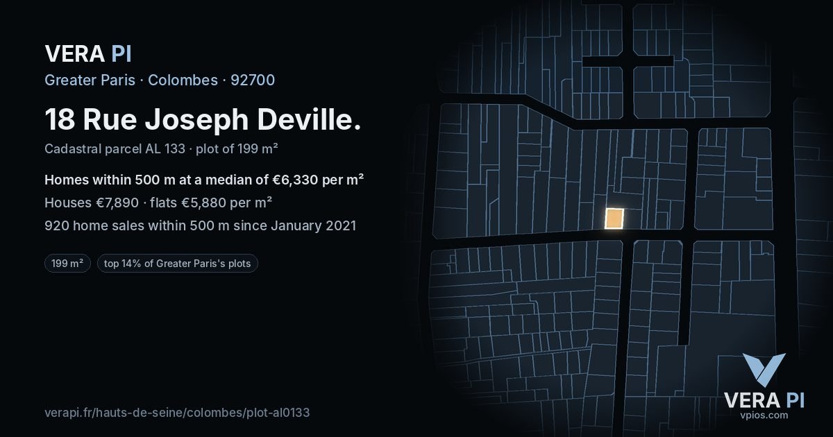 18 Rue Joseph Deville, Colombes at night – the plot lit, the parcels around coloured by the prices near them