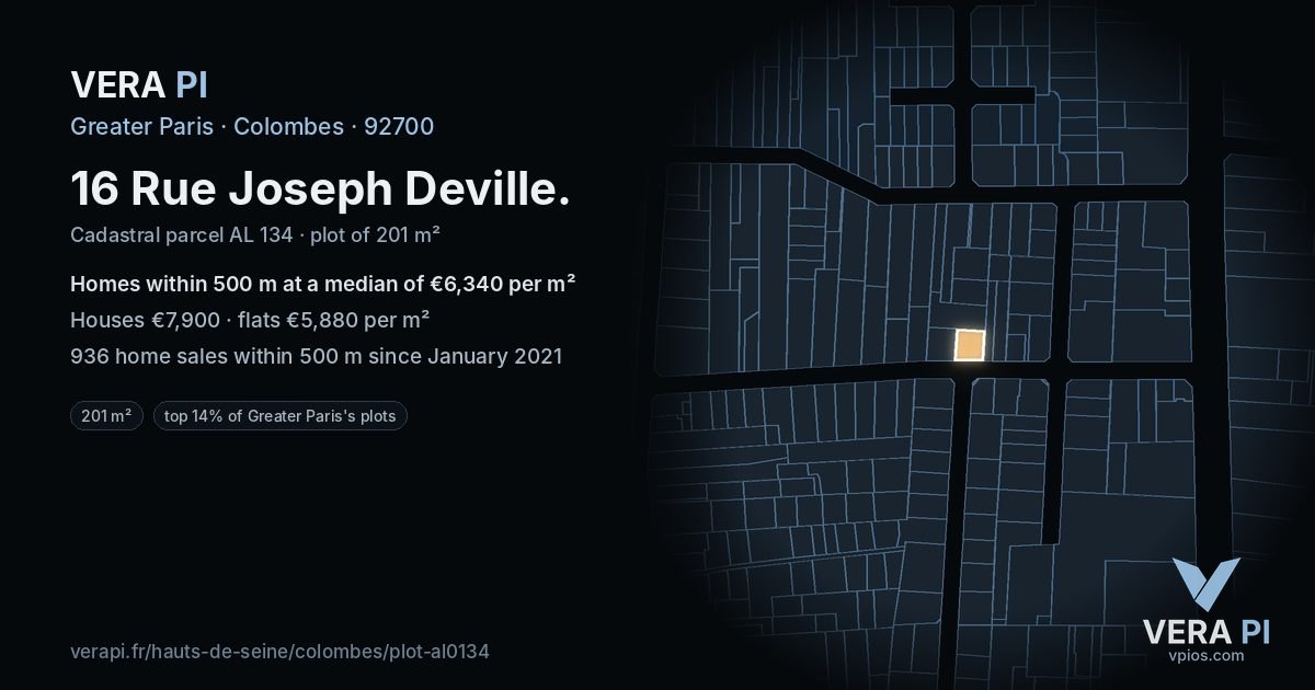 16 Rue Joseph Deville, Colombes at night – the plot lit, the parcels around coloured by the prices near them