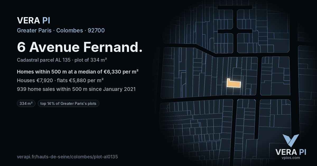 6 Avenue Fernand, Colombes at night – the plot lit, the parcels around coloured by the prices near them