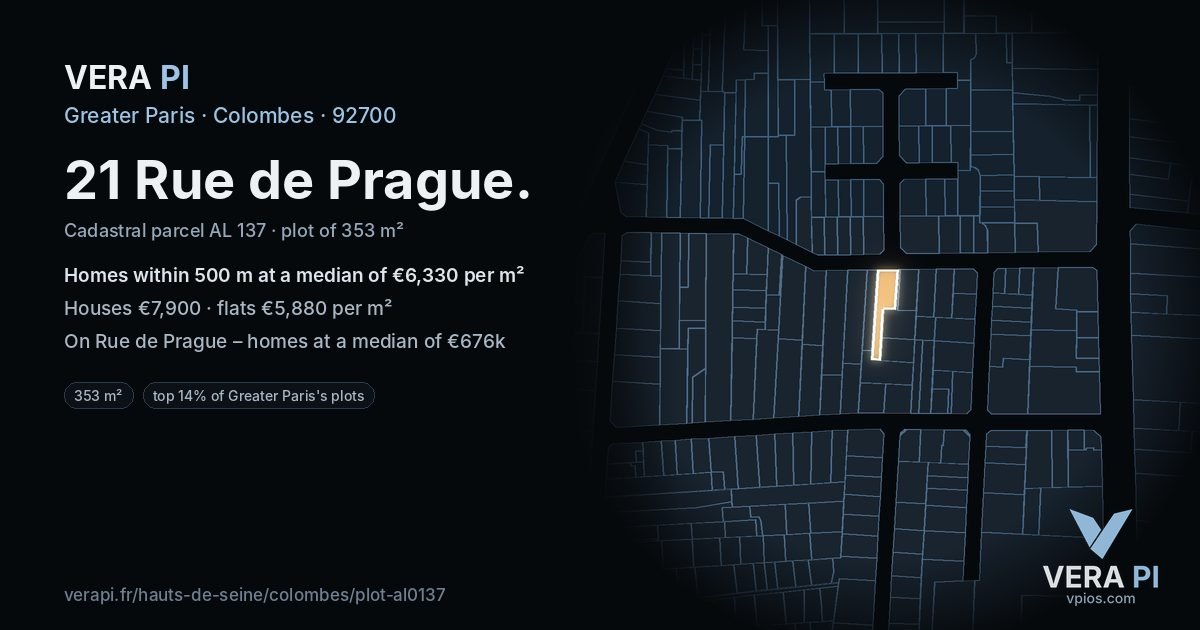 21 Rue de Prague, Colombes at night – the plot lit, the parcels around coloured by the prices near them