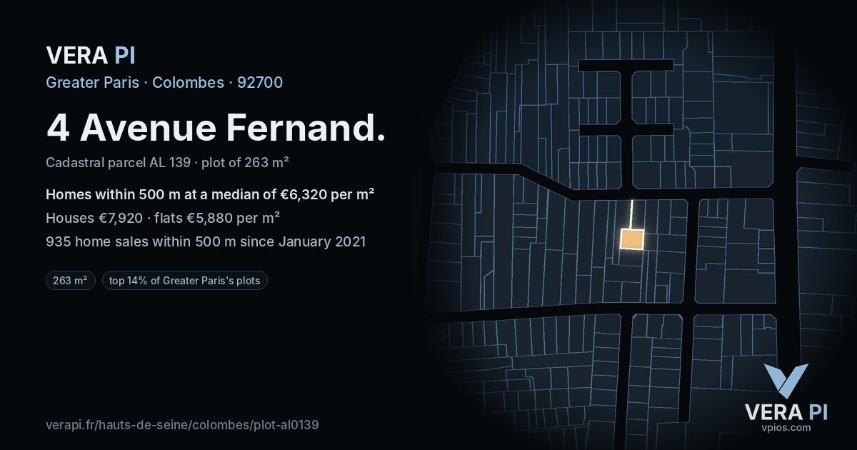 4 Avenue Fernand, Colombes at night – the plot lit, the parcels around coloured by the prices near them