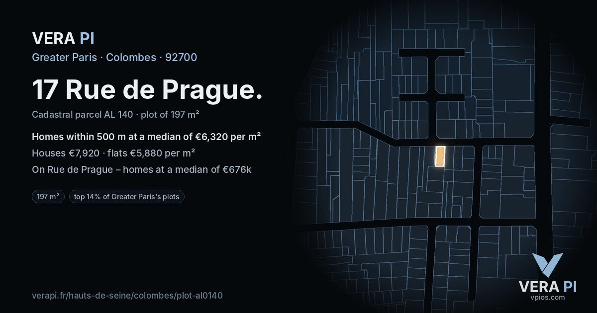 17 Rue de Prague, Colombes at night – the plot lit, the parcels around coloured by the prices near them