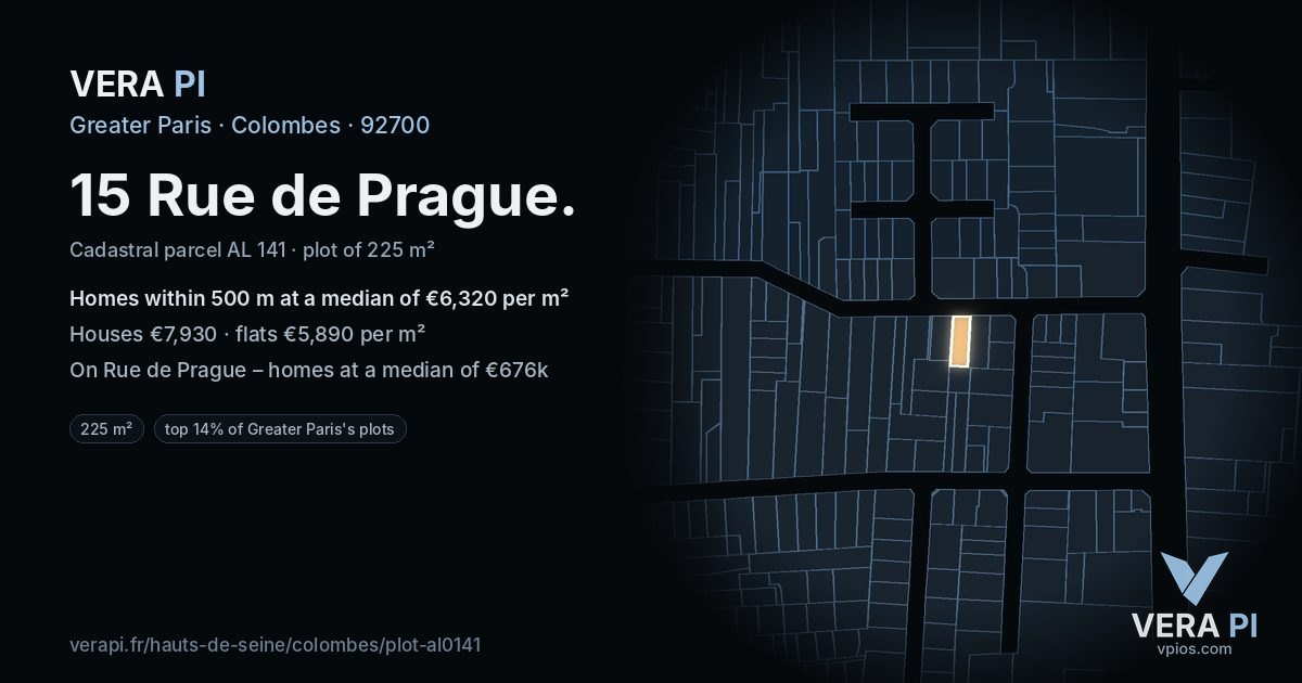 15 Rue de Prague, Colombes at night – the plot lit, the parcels around coloured by the prices near them