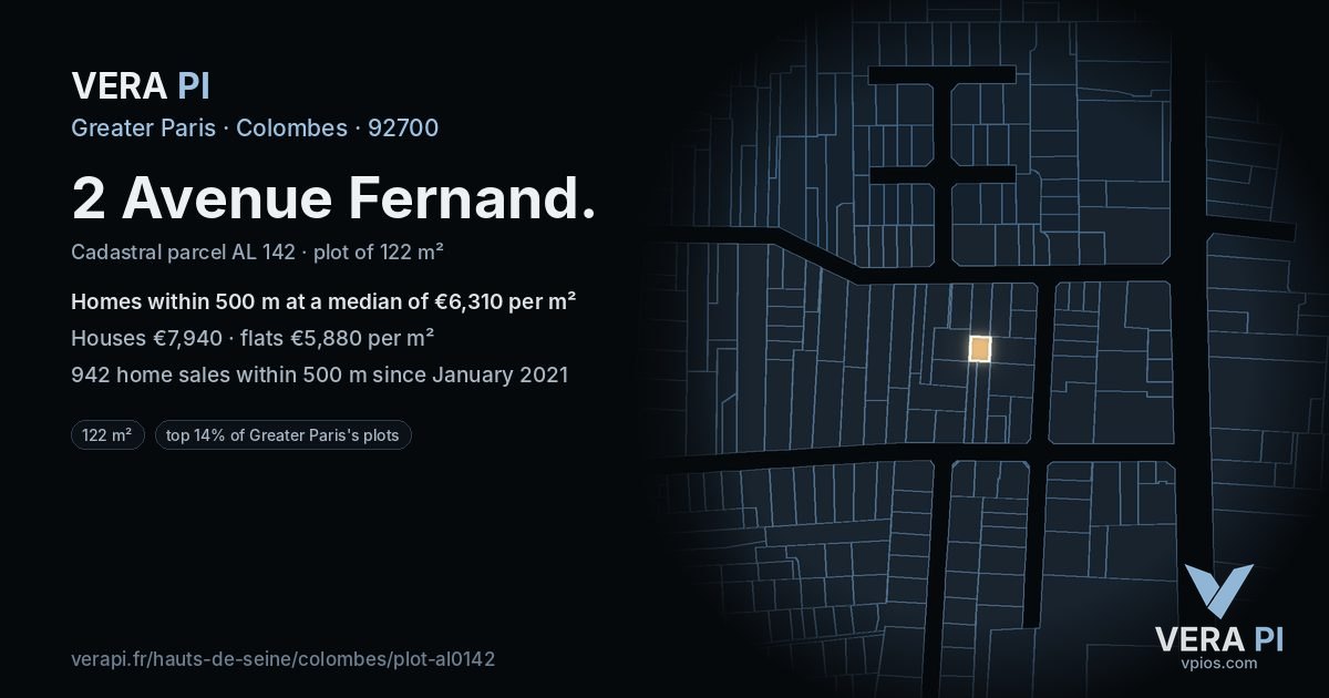 2 Avenue Fernand, Colombes at night – the plot lit, the parcels around coloured by the prices near them