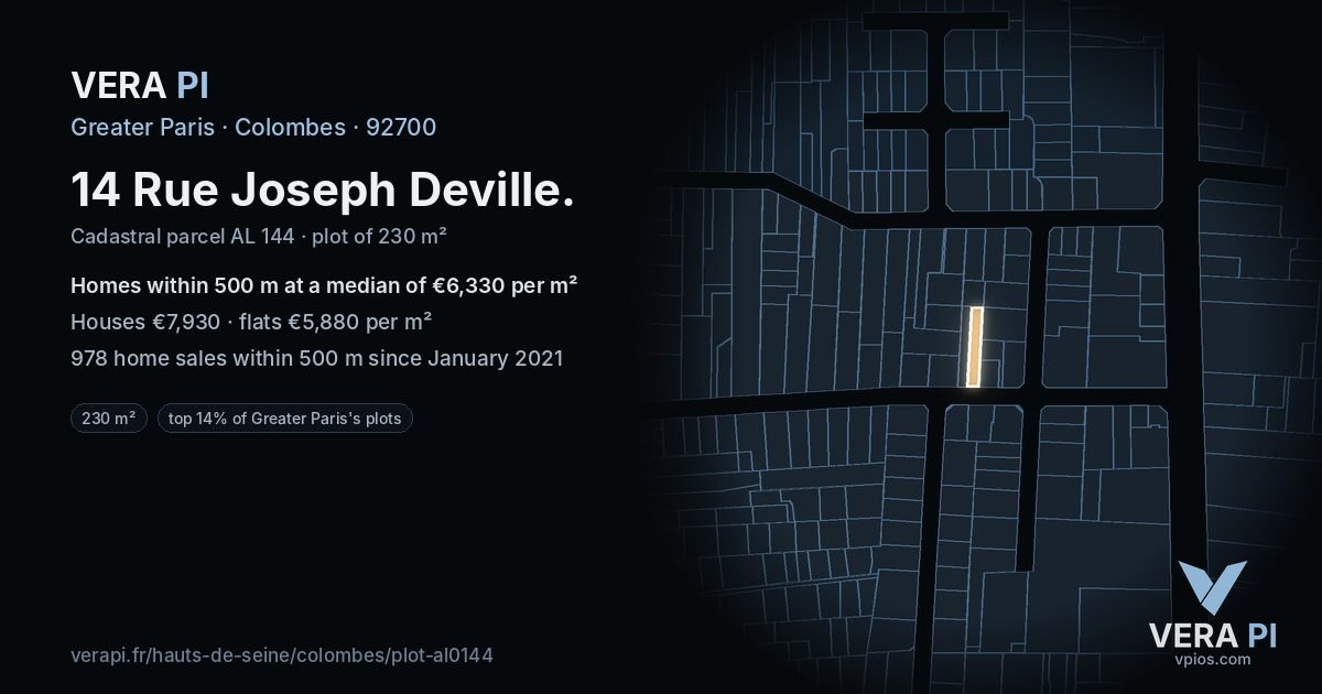 14 Rue Joseph Deville, Colombes at night – the plot lit, the parcels around coloured by the prices near them