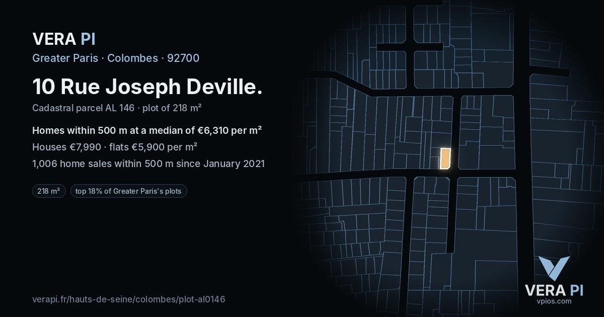 10 Rue Joseph Deville, Colombes at night – the plot lit, the parcels around coloured by the prices near them