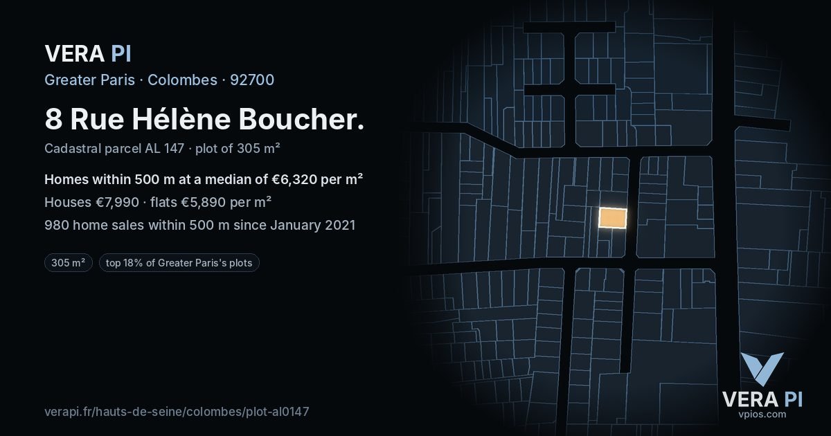 8 Rue Hélène Boucher, Colombes at night – the plot lit, the parcels around coloured by the prices near them