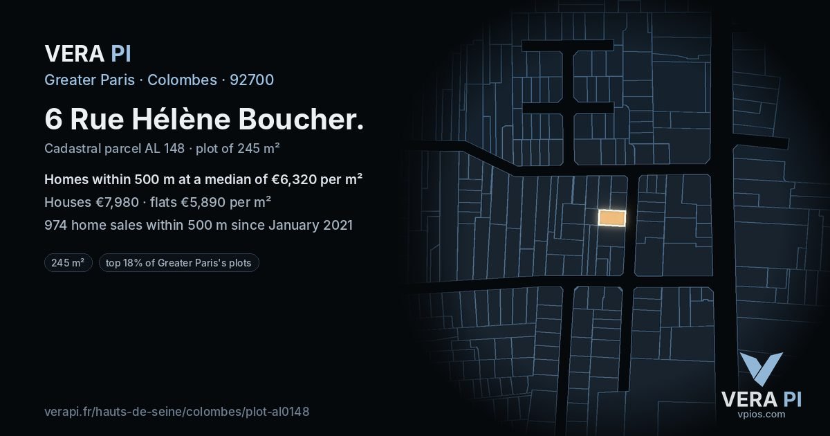 6 Rue Hélène Boucher, Colombes at night – the plot lit, the parcels around coloured by the prices near them