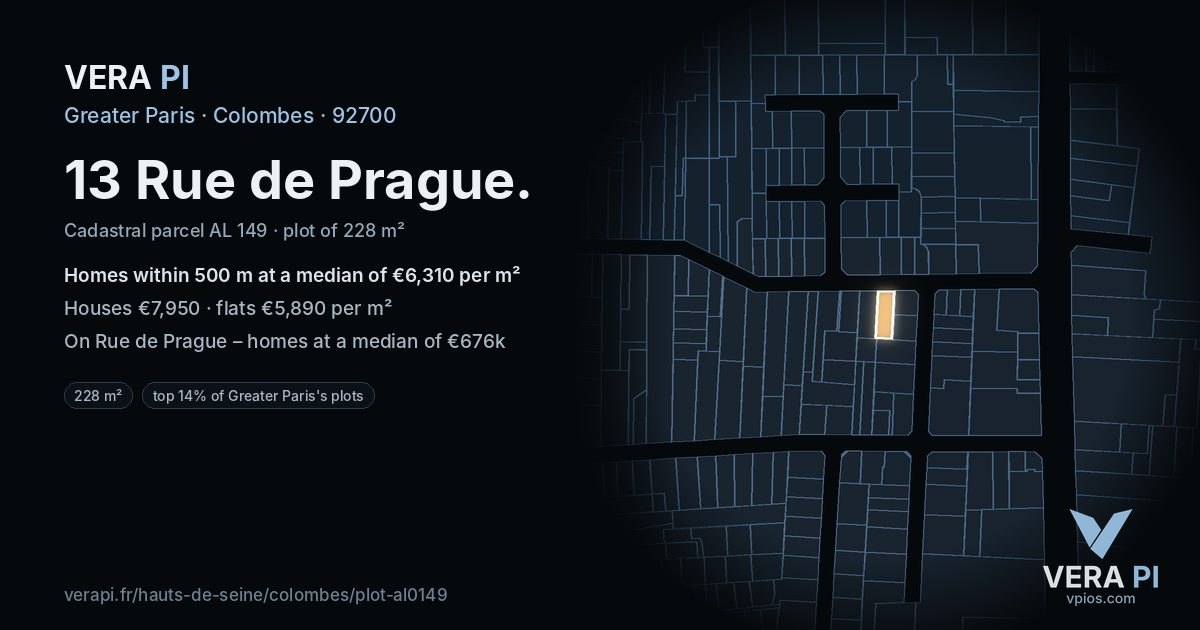 13 Rue de Prague, Colombes at night – the plot lit, the parcels around coloured by the prices near them