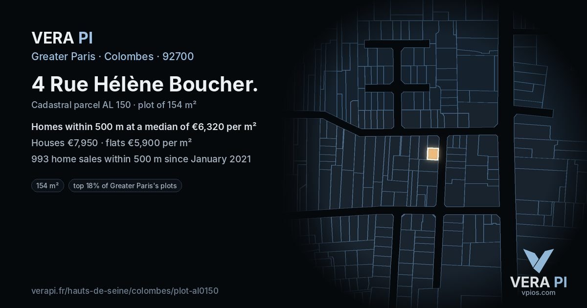 4 Rue Hélène Boucher, Colombes at night – the plot lit, the parcels around coloured by the prices near them