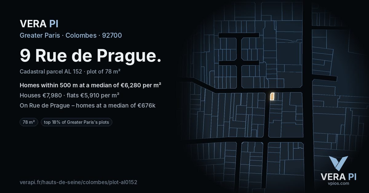 9 Rue de Prague, Colombes at night – the plot lit, the parcels around coloured by the prices near them