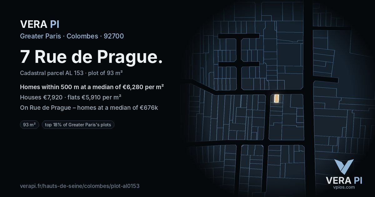 7 Rue de Prague, Colombes at night – the plot lit, the parcels around coloured by the prices near them