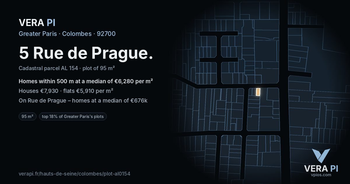 5 Rue de Prague, Colombes at night – the plot lit, the parcels around coloured by the prices near them