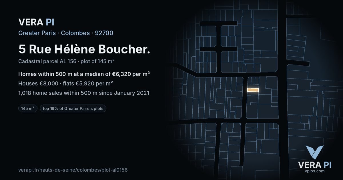 5 Rue Hélène Boucher, Colombes at night – the plot lit, the parcels around coloured by the prices near them
