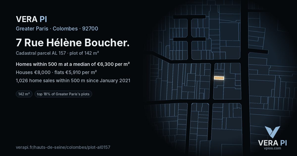 7 Rue Hélène Boucher, Colombes at night – the plot lit, the parcels around coloured by the prices near them
