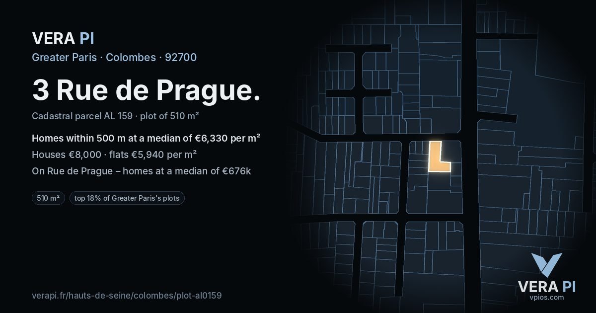 3 Rue de Prague, Colombes at night – the plot lit, the parcels around coloured by the prices near them