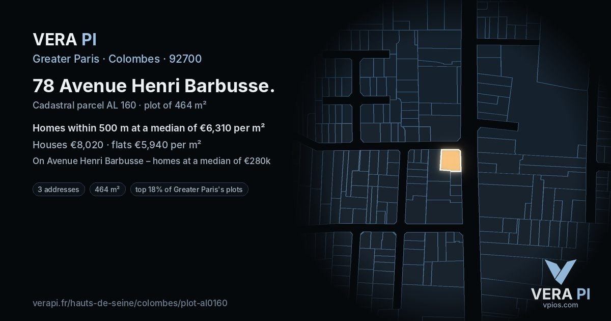 78 Avenue Henri Barbusse, Colombes at night – the plot lit, the parcels around coloured by the prices near them