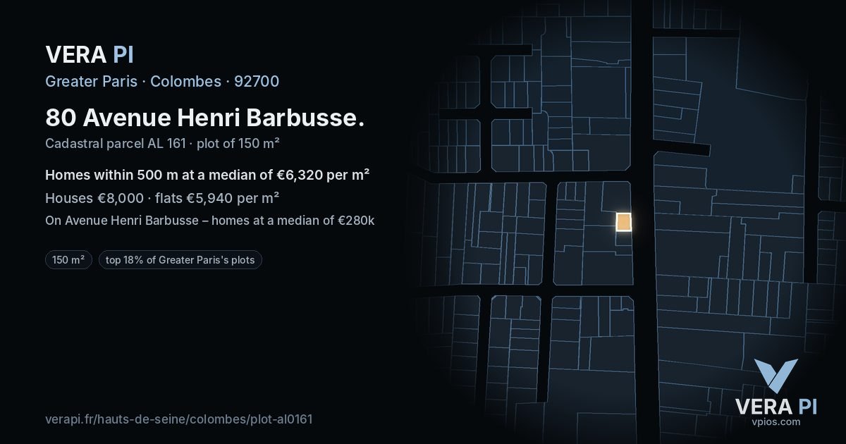 80 Avenue Henri Barbusse, Colombes at night – the plot lit, the parcels around coloured by the prices near them