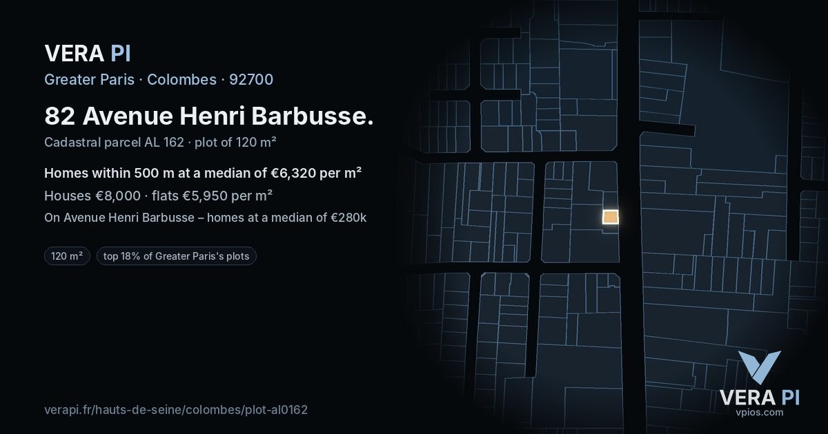 82 Avenue Henri Barbusse, Colombes at night – the plot lit, the parcels around coloured by the prices near them
