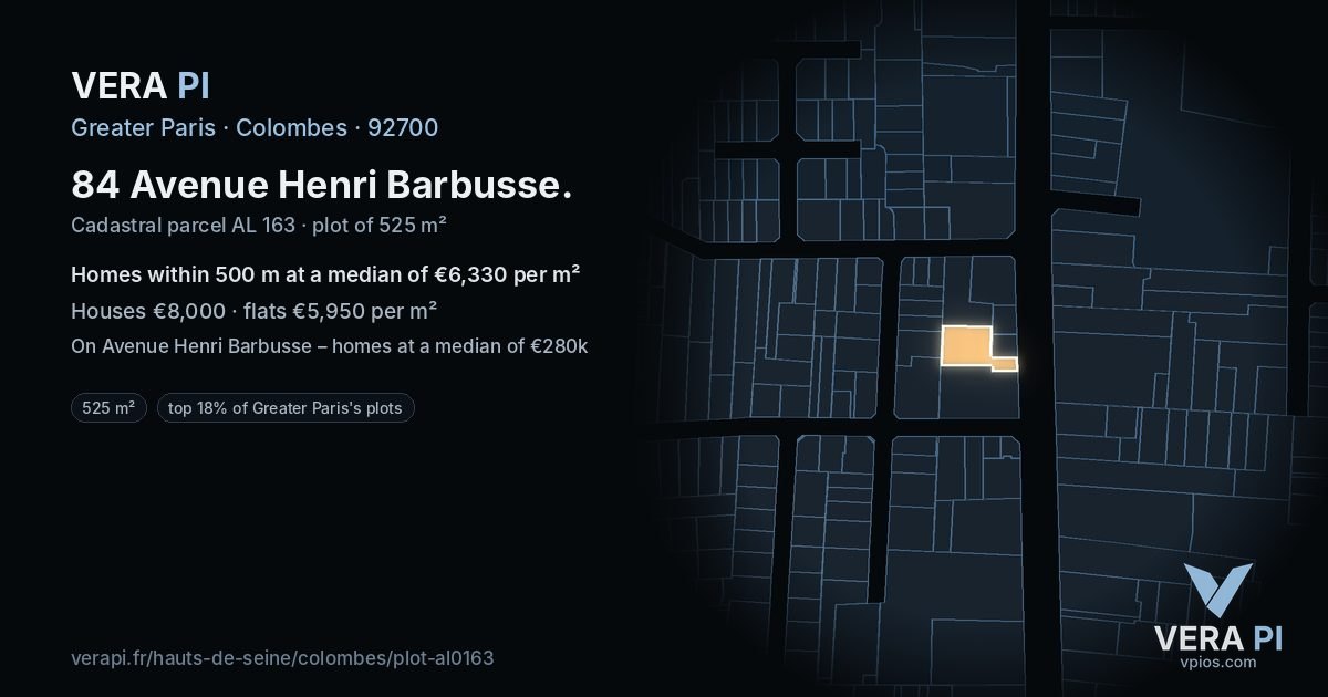 84 Avenue Henri Barbusse, Colombes at night – the plot lit, the parcels around coloured by the prices near them