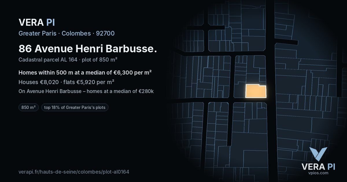 86 Avenue Henri Barbusse, Colombes at night – the plot lit, the parcels around coloured by the prices near them