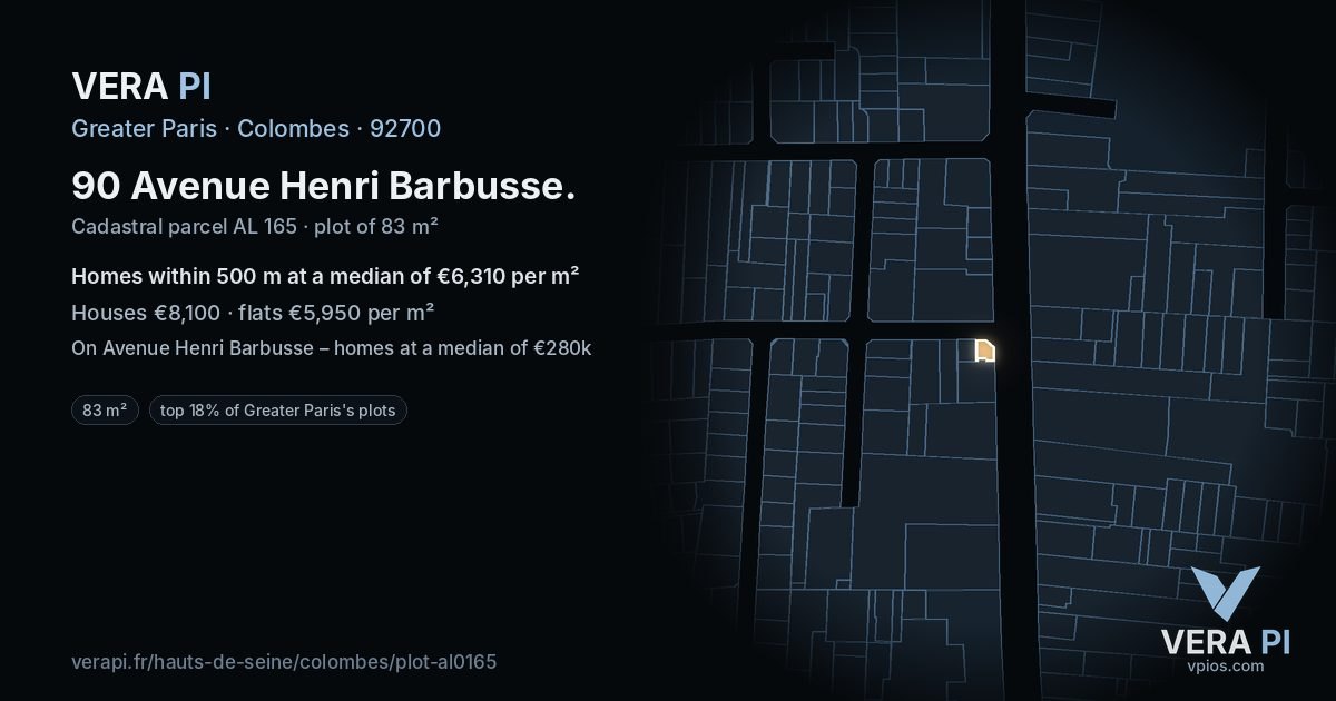 90 Avenue Henri Barbusse, Colombes at night – the plot lit, the parcels around coloured by the prices near them