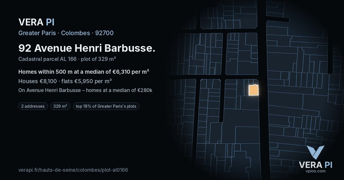 92 Avenue Henri Barbusse, Colombes at night – the plot lit, the parcels around coloured by the prices near them