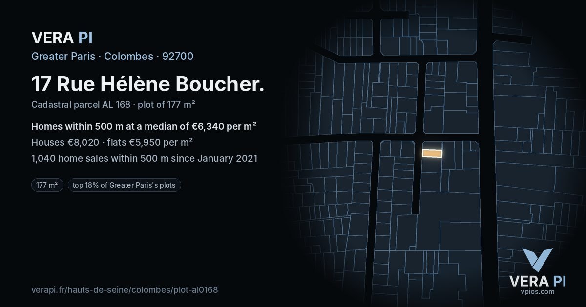 17 Rue Hélène Boucher, Colombes at night – the plot lit, the parcels around coloured by the prices near them