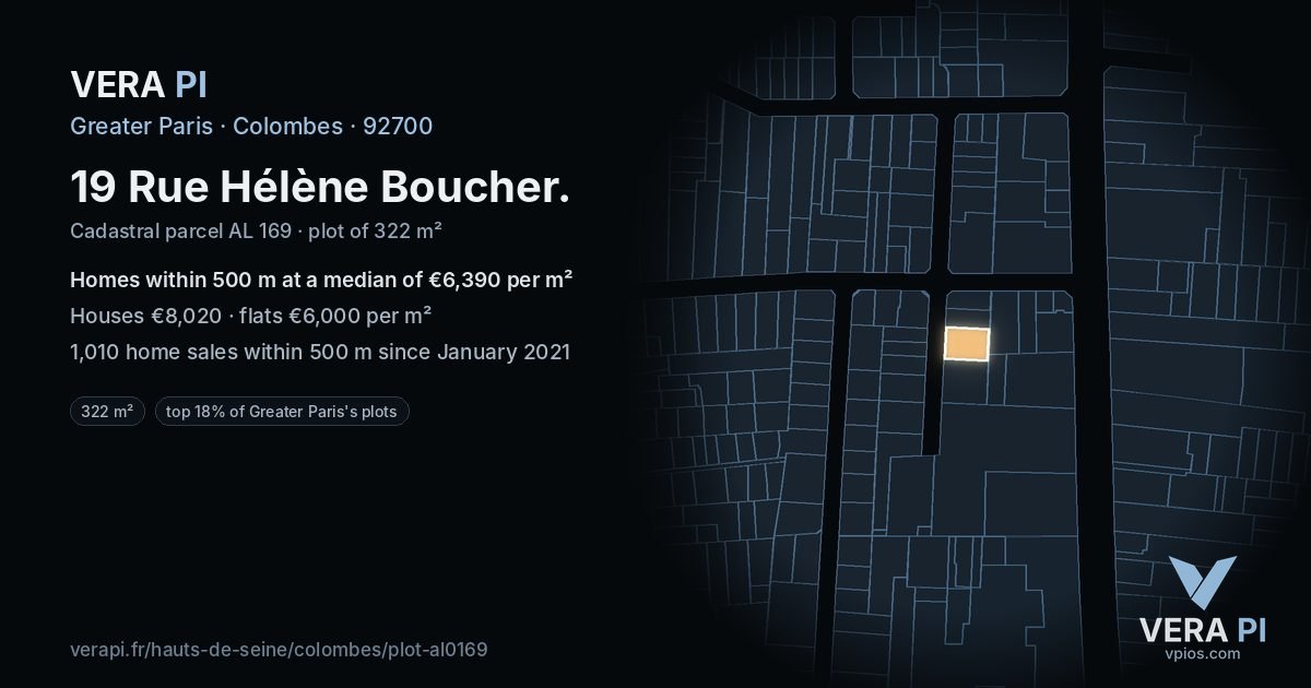 19 Rue Hélène Boucher, Colombes at night – the plot lit, the parcels around coloured by the prices near them
