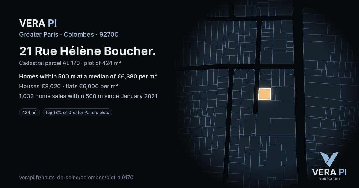 21 Rue Hélène Boucher, Colombes at night – the plot lit, the parcels around coloured by the prices near them