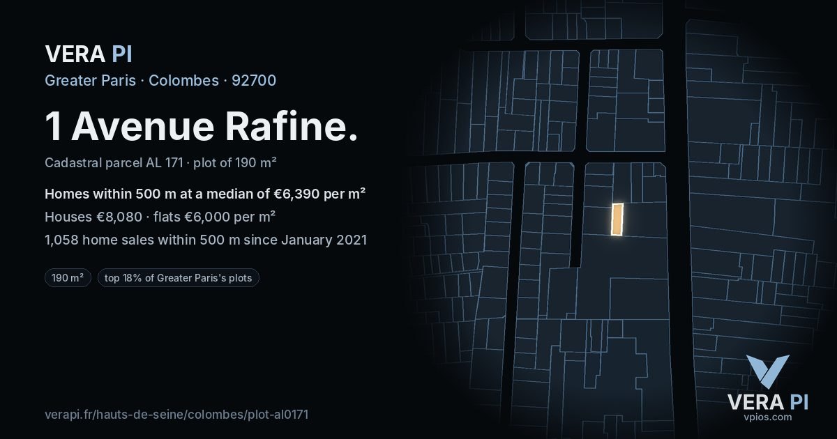 1 Avenue Rafine, Colombes at night – the plot lit, the parcels around coloured by the prices near them