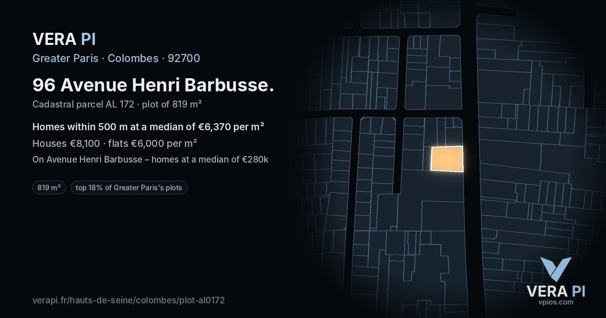 96 Avenue Henri Barbusse, Colombes at night – the plot lit, the parcels around coloured by the prices near them