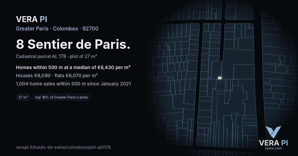 8 Sentier de Paris, Colombes at night – the plot lit, the parcels around coloured by the prices near them