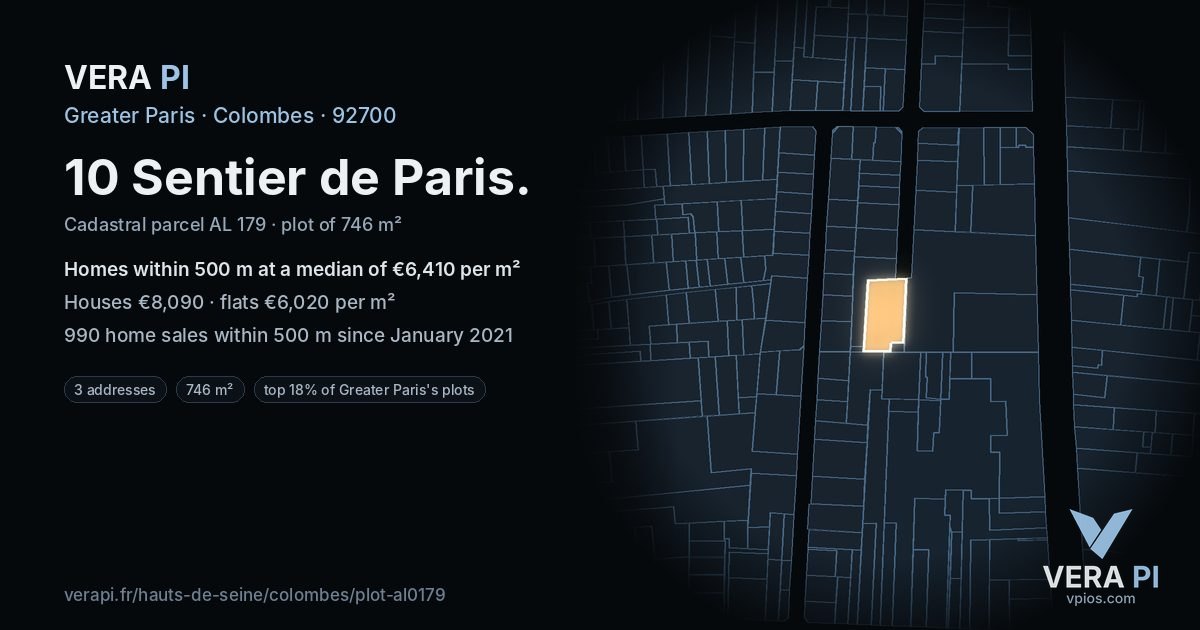 10 Sentier de Paris, Colombes at night – the plot lit, the parcels around coloured by the prices near them