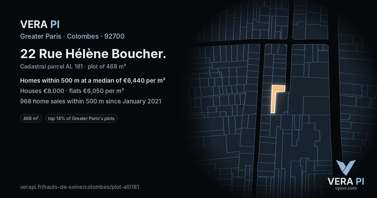 22 Rue Hélène Boucher, Colombes at night – the plot lit, the parcels around coloured by the prices near them