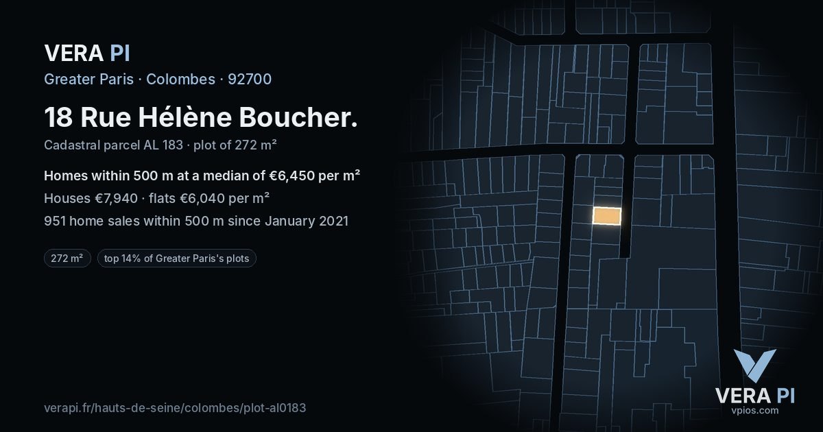 18 Rue Hélène Boucher, Colombes at night – the plot lit, the parcels around coloured by the prices near them