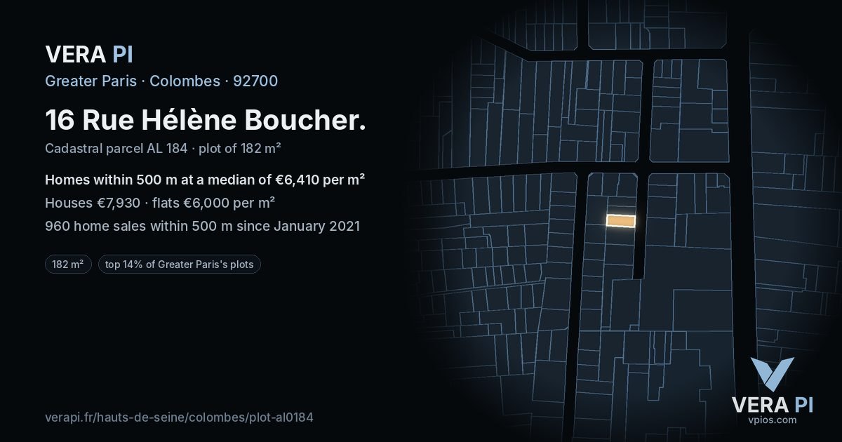 16 Rue Hélène Boucher, Colombes at night – the plot lit, the parcels around coloured by the prices near them