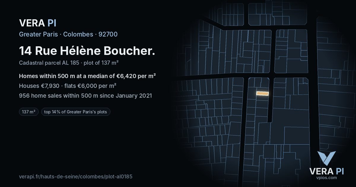 14 Rue Hélène Boucher, Colombes at night – the plot lit, the parcels around coloured by the prices near them