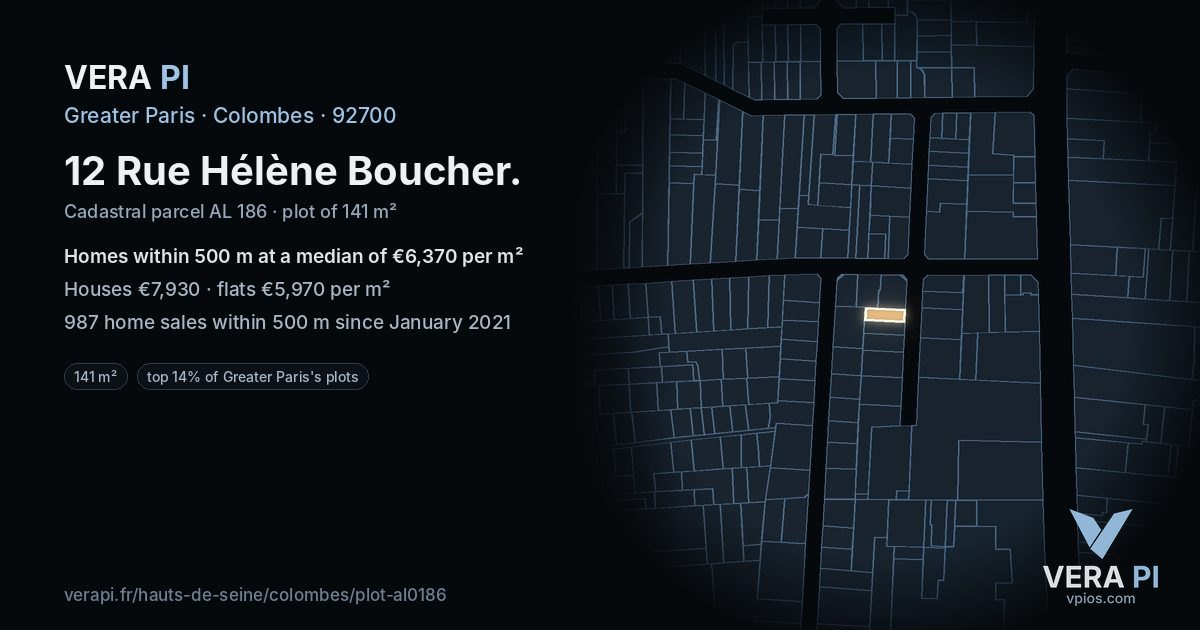 12 Rue Hélène Boucher, Colombes at night – the plot lit, the parcels around coloured by the prices near them